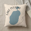 Lake Pulaski Minnesota map on a textured cream pillow with gray throw.