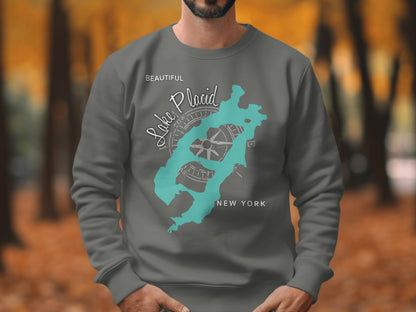 Crewneck sweatshirt featuring a teal map of Lake Placid, New York with compass rose.