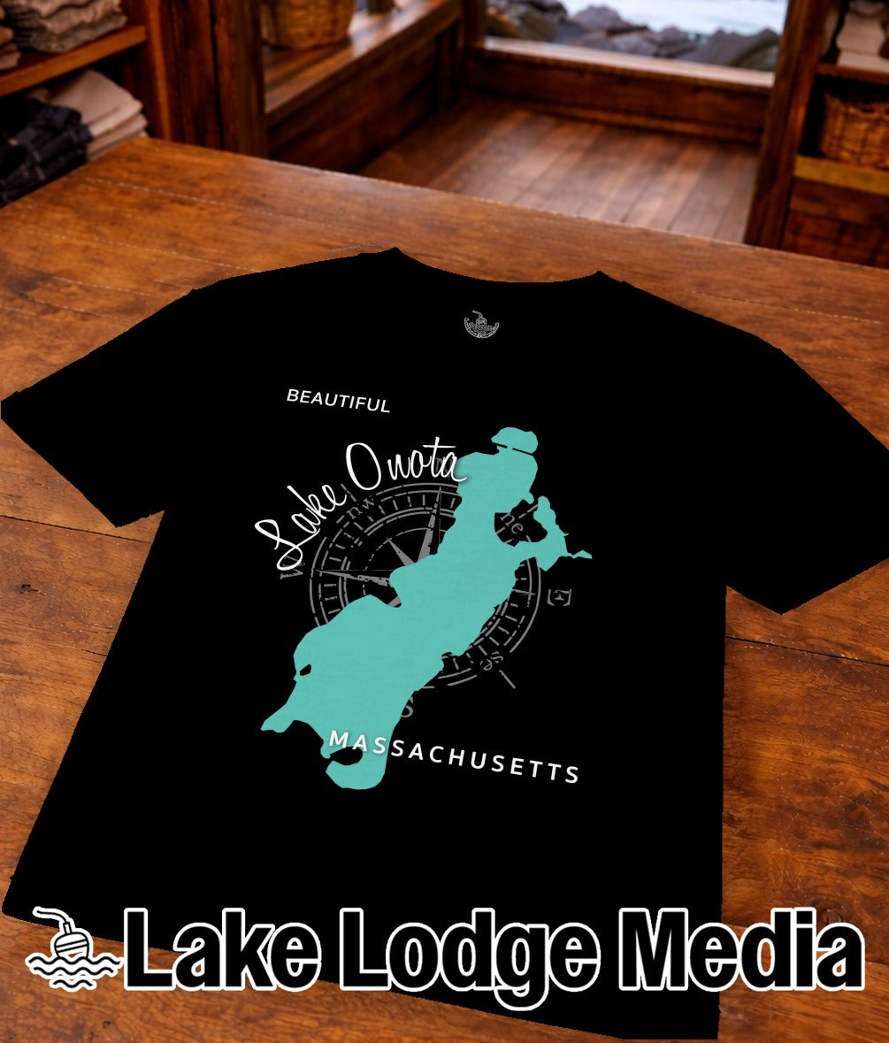 Black t-shirt with "Beautiful Lake Quo" text and Massachusetts outline map.