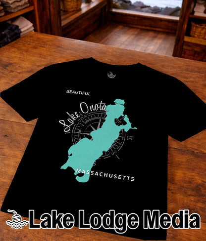 Black t-shirt with "Beautiful Lake Quo" text and Massachusetts outline map.