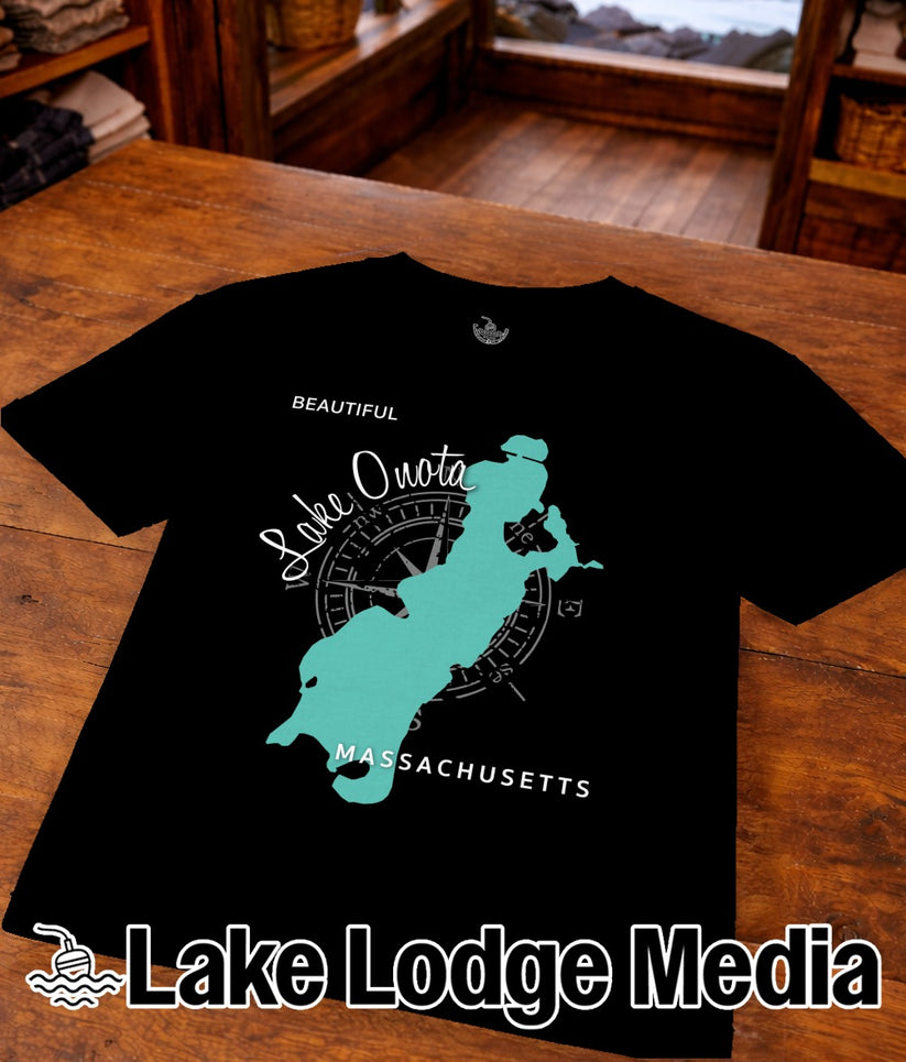 Black t-shirt with "Beautiful Lake Quo" text and Massachusetts outline map.