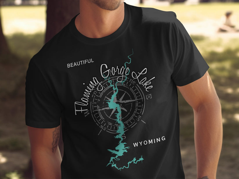 Black t-shirt with a compass and map of Flaming Gorge Lake, Wyoming.