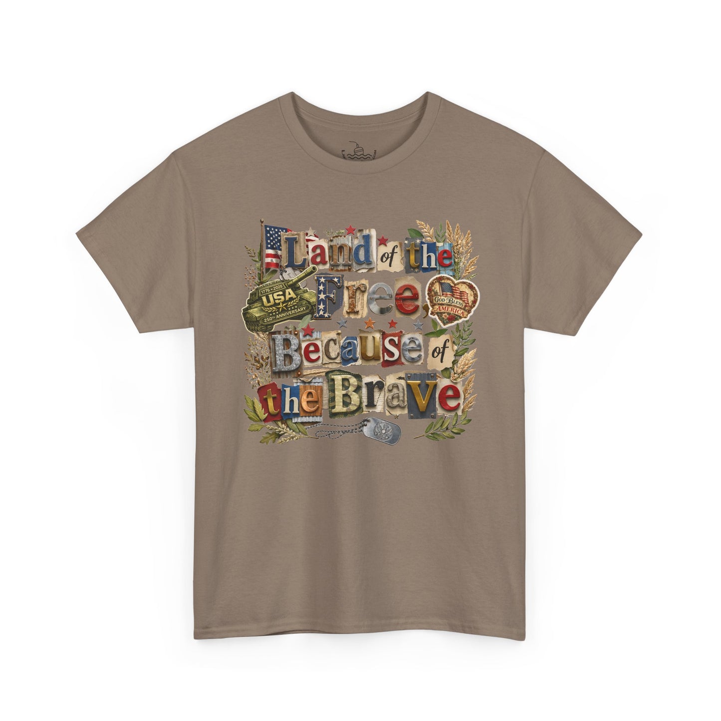 USA 250th Anniversary Land of the Free Because of the Brave T-Shirt | Patriotic Fourth of July Scrapbook Collage Design