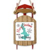 Wooden sled ornament with "Merry Christmas from West Okoboji" text and snowflake graphics.
