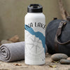 White water bottle with "NA LAKE" text, map graphic, and compass design.