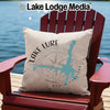 Pillow with "Lake Lure North Carolina" text, compass, and lake shape on Adirondack chair.