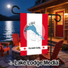 Custom garden flag with Bow Lake outline, compass, and "The Smith Family" text.