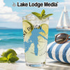 Glass of drink with "Lake Dillon Colorado" map graphic, beach scene background.