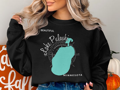 Black sweatshirt with teal Lake Pulaski, Minnesota map and compass design.