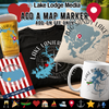 Lake Lodge Media products with lake maps, text, and compass designs.