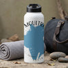 White water bottle with black lid and map design reading "MOULTRIE SOUTH".