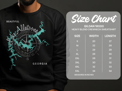 Lake Allatoona map graphic on a sweatshirt with size chart.