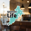 Watson Life sticker with teal lake shape and black text.