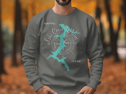 Dark gray sweatshirt with a teal Lake Coeur d'Alene map design and compass rose.