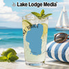Glass with Lake Tahoe map graphic, lime, mint, and beach background.