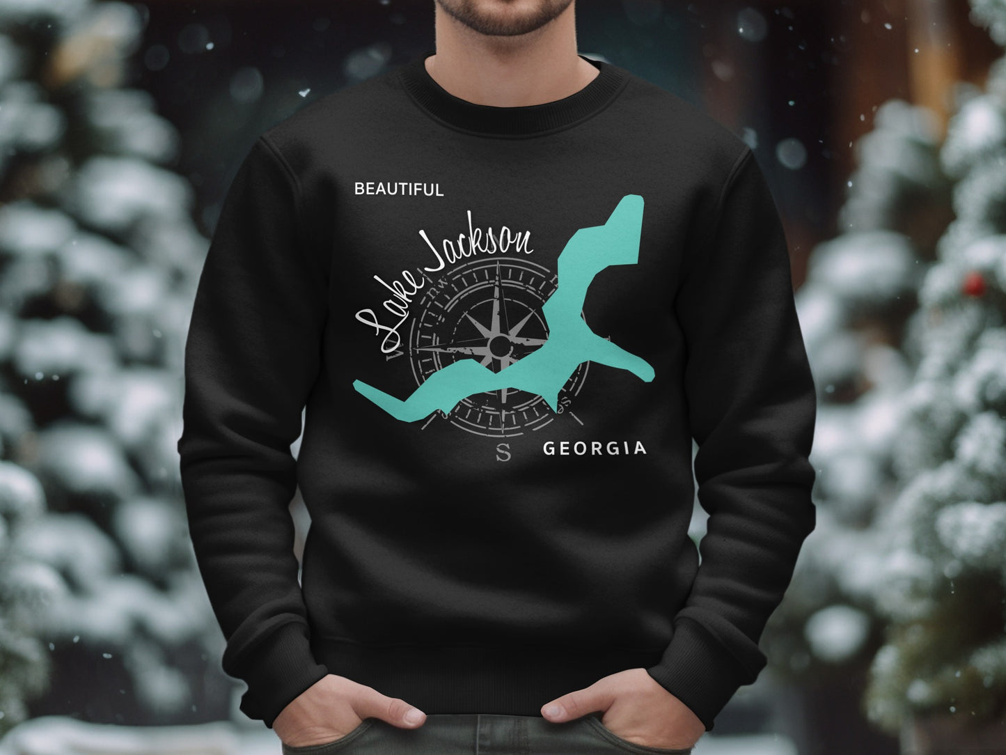 Black sweatshirt with Lake Jackson Georgia map and compass graphic.
