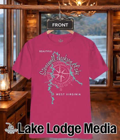 Pink t-shirt with "Stonewall Jackson Lake West Virginia" and compass design.