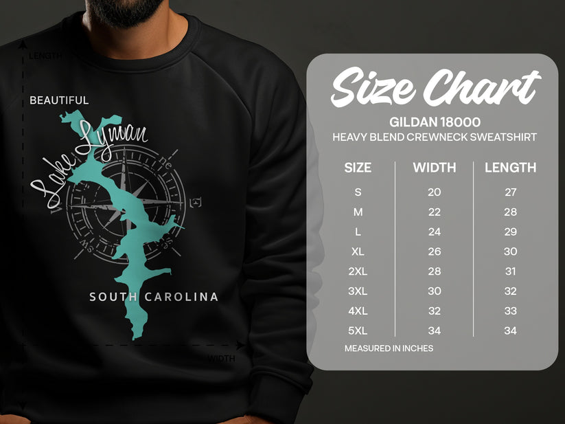 Lake Lyman South Carolina graphic on sweatshirt and size chart.