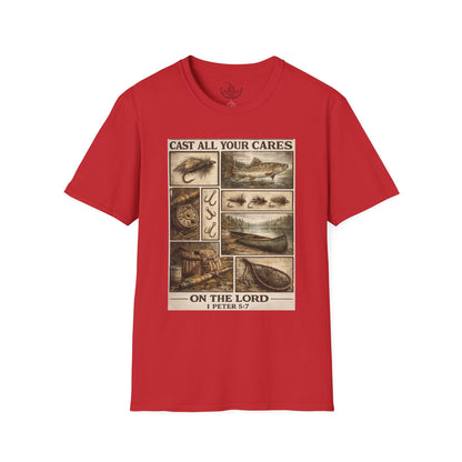 Fly Fishing Cast All Your Cares Upon the Lord Scripture T-Shirt | 1 Peter 5:7 Bible Verse for Fisherman, Father's Day