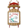 Red wooden sled ornament with "Merry Christmas From New Melones" text and snowflakes.