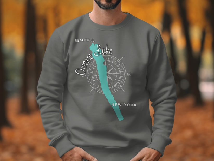 Grey sweatshirt with "Beautiful Owasco Lake New York" and compass design.