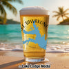 Glass of beer on a beach with "Lake Tawakoni" and Texas map graphic.
