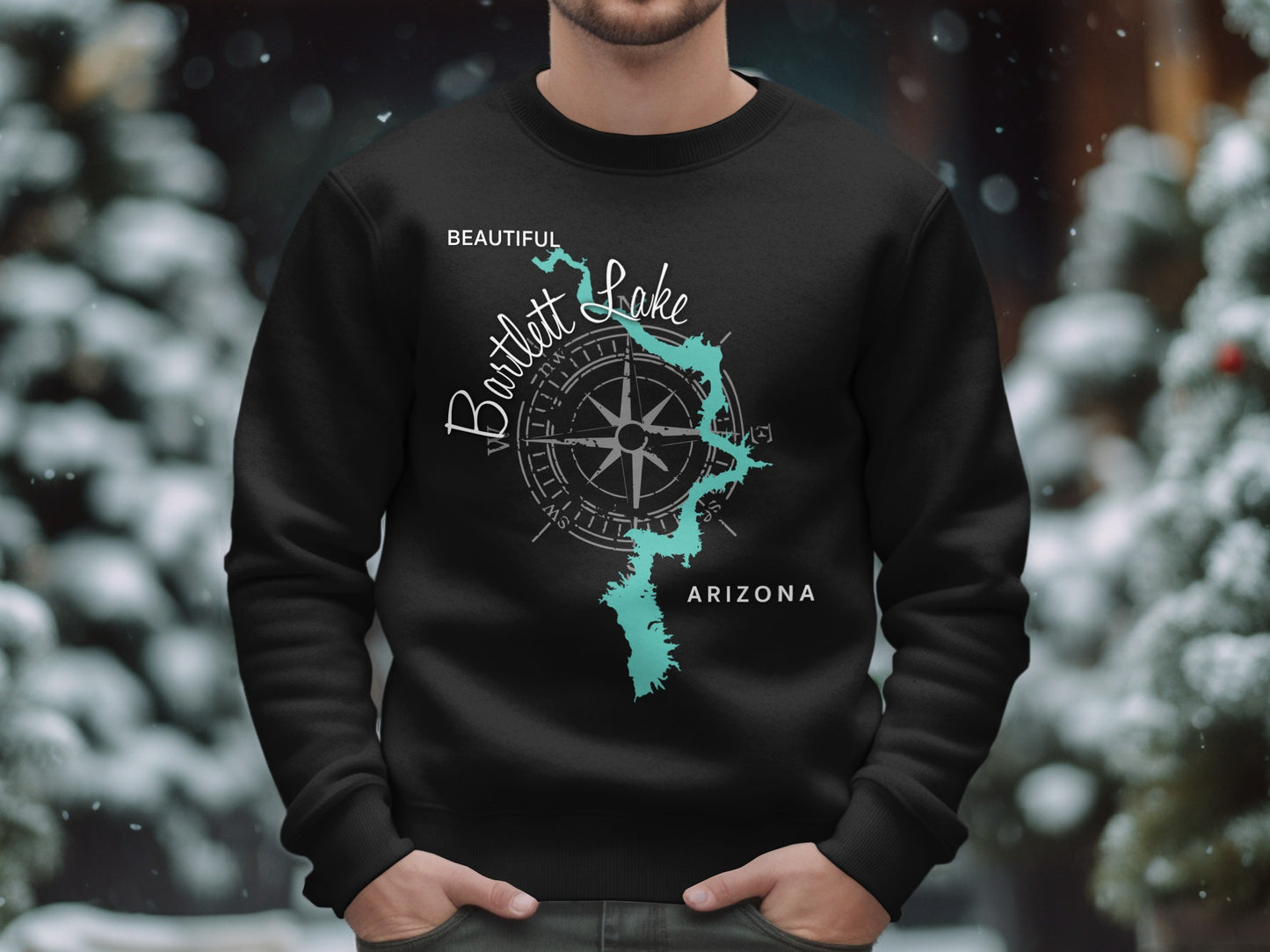 Black crewneck sweatshirt with Bartlett Lake Arizona map and compass graphic.