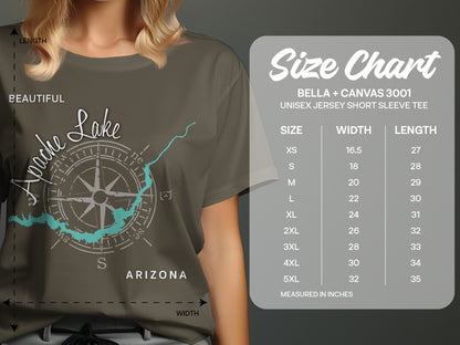 Apache Lake Arizona graphic tee size chart with compass rose detail.