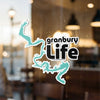 Turquoise lake outline and "Granbury Life" text on sticker, with Lake Lodge Media LLC