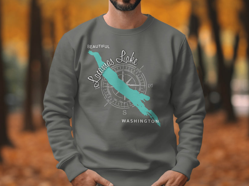 Gray sweatshirt with "Lacamas Lake Beautiful Washington" and compass graphic.