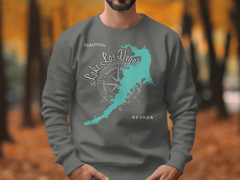 Sweatshirt with Lake Las Vegas map graphic and compass rose.