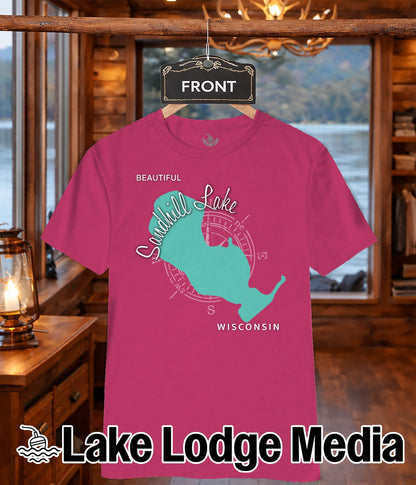 Pink t-shirt with "Beautiful Lake" graphic and "Wisconsin" text.