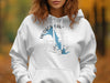 White hoodie with blue Hudson Lake, Oklahoma map and compass graphic.