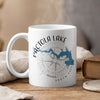 White mug with Pactola Lake map graphic and compass rose.