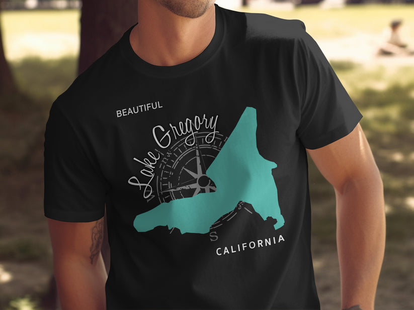 Black t-shirt featuring Lake Gregory California map, compass, and text.