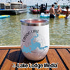 White stainless steel wine tumbler featuring a Caddo Lake map design, resting on a boat deck.