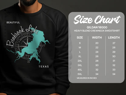 Crewneck sweatshirt with Bewbrook Lake map graphic and size chart.
