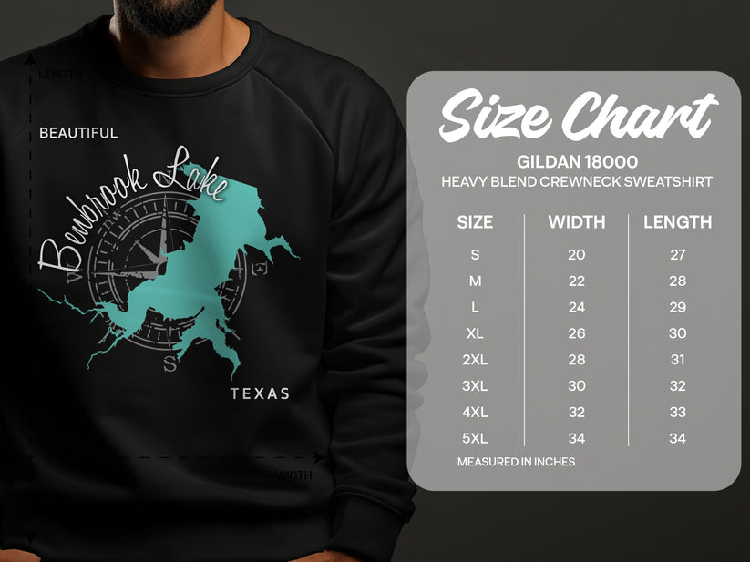 Crewneck sweatshirt with Bewbrook Lake map graphic and size chart.