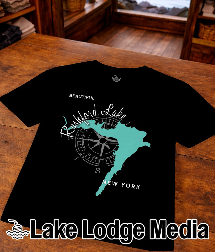 Black t-shirt featuring a teal map of Rushford Lake, New York, with a compass rose.