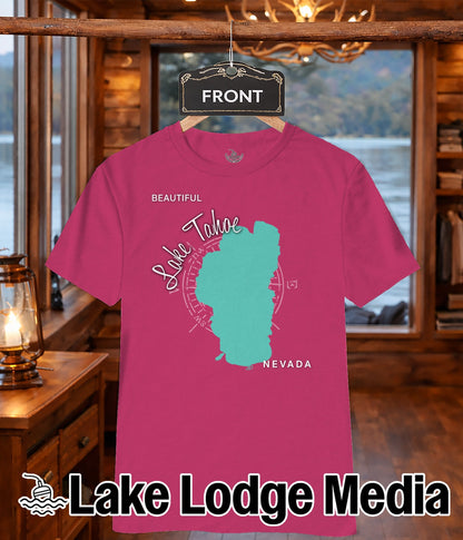 Pink t-shirt with turquoise Lake Tahoe outline and "NEVADA" text.