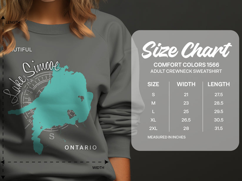 Size chart for Comfort Colors 1566 adult crewneck sweatshirt in inches.