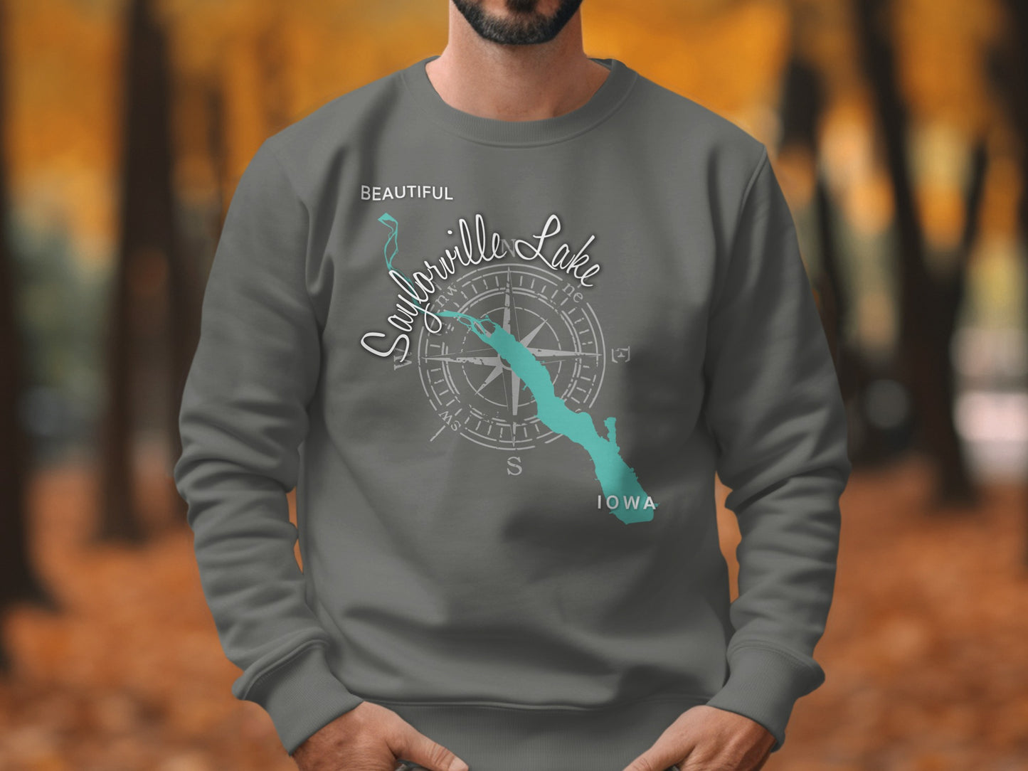 Gray sweatshirt with "Beautiful Saylorville Lake Iowa" and compass design.