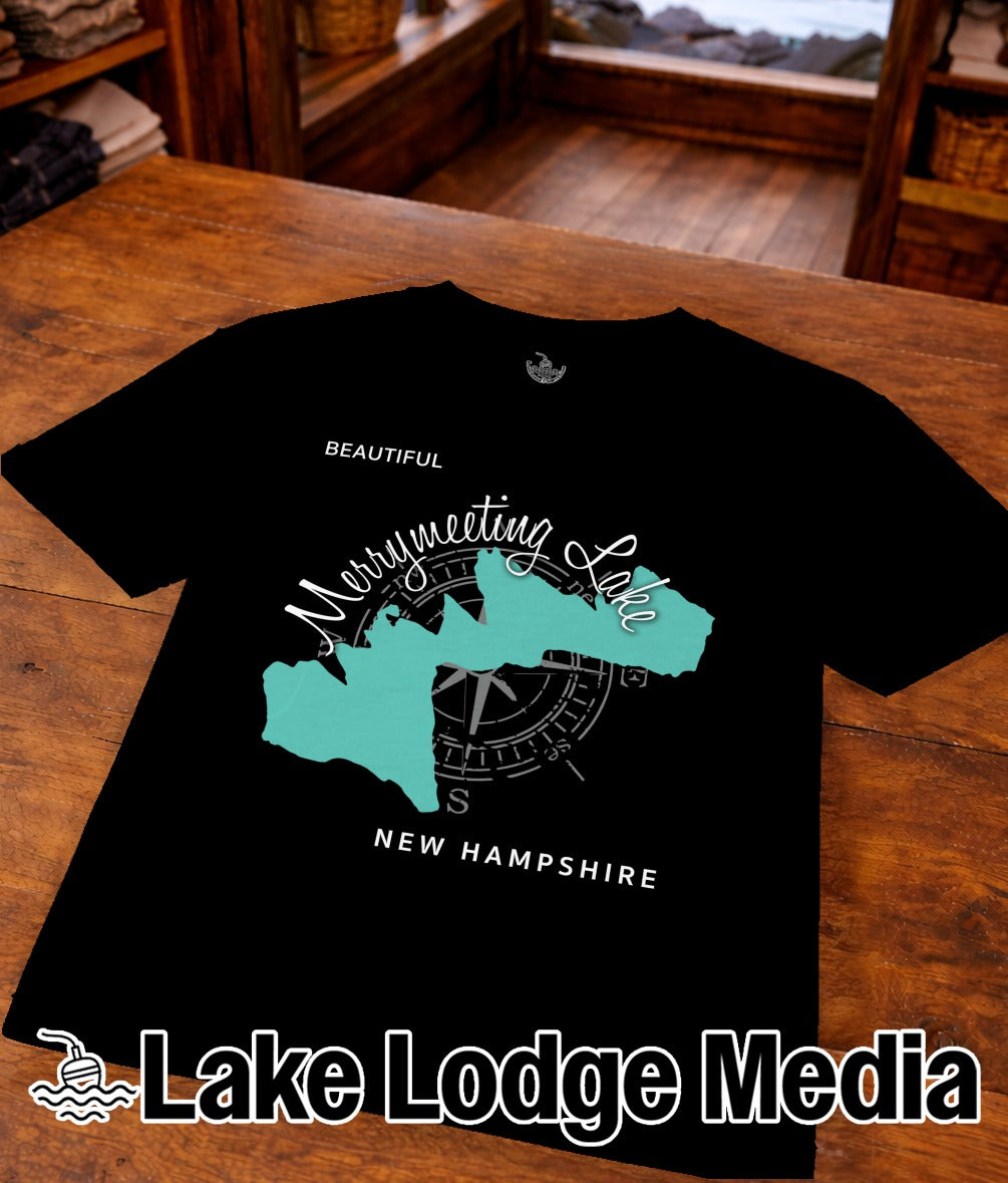 Black t-shirt with "Merrymeeting Lake, New Hampshire" and compass graphic.