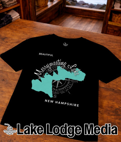 Black t-shirt with "Merrymeeting Lake, New Hampshire" and compass graphic.
