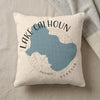 Light colored pillow with blue map of Lake Calhoun, Georgia and compass rose design.