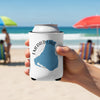 White koozie with Emerald Lake Canada map on beach with blurred background.
