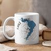 White mug with blue Lake Waco map, compass, and text "Lake Waco Texas".