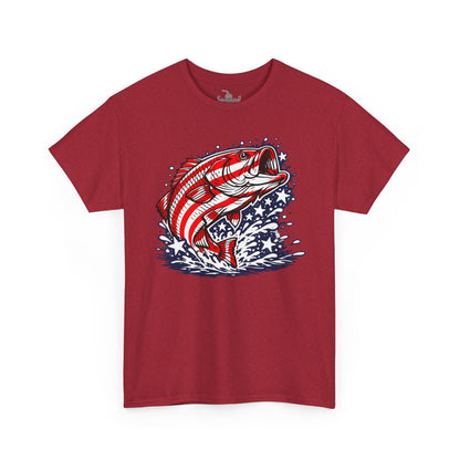 Patriotic Bass Fishing Shirt | American Flag Pride Design on Largemouth Bass with Stars and Stripes Tee for Fourth of July