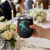 Black tumbler with Pokegama Lake map design and compass rose.