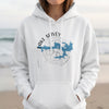 White hoodie with a blue map of Lake Spivey, Georgia and compass graphic.